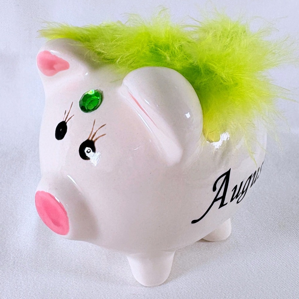 August Birthstone Ceramic Piggy Bank White Neon Green Feather Rhinestone Kitsch